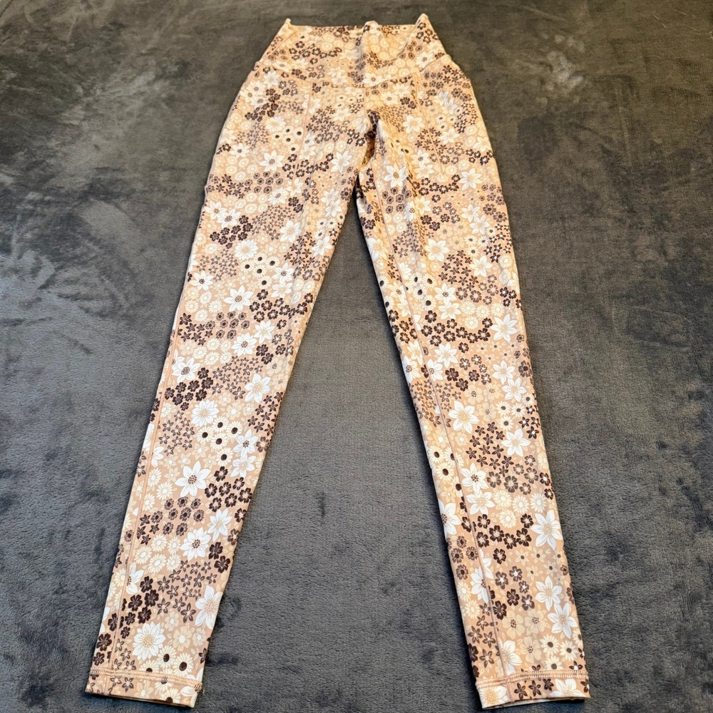 Aerie Offline Real Me Leggings Womens Small Tan Floral High Rise Pockets 22x27.5